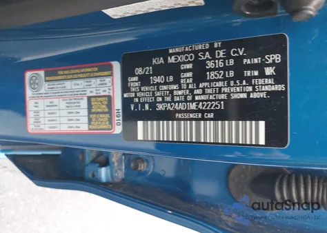 2021 Kia Rio S z USA, uszkodzony, nr VIN 3KPA24AD1ME422251